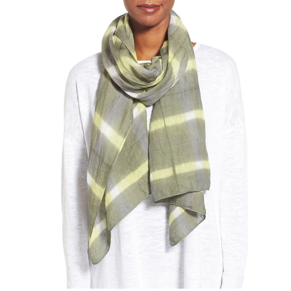 Green Shadow Plaid Linen Shibori Scarf